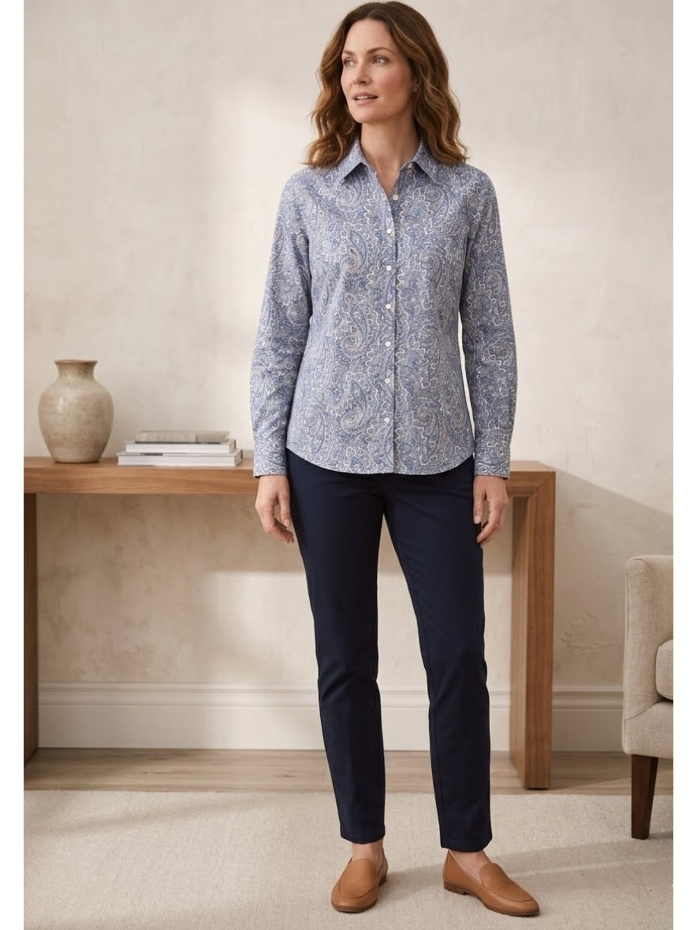 Talbots Cotton Button Front Paisley Shirt Blue and White Size L Modern Boho